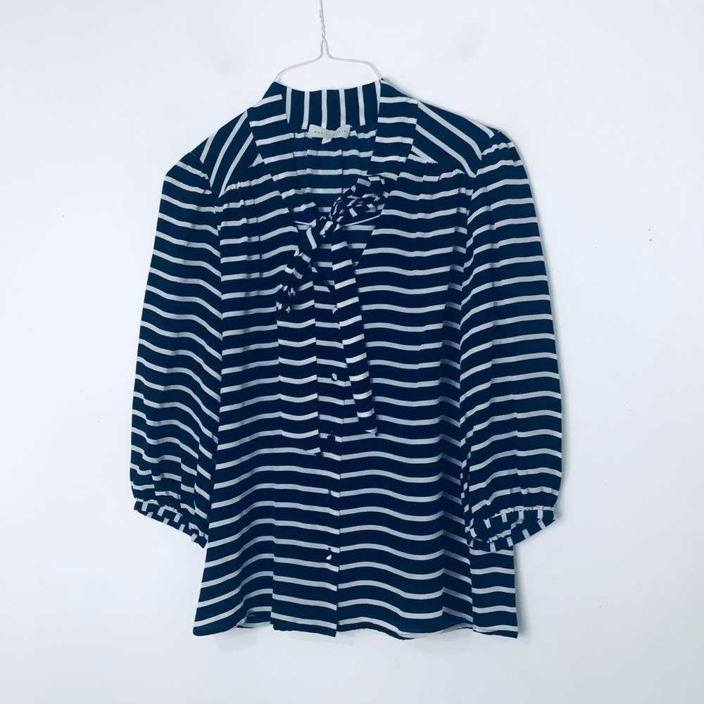 Annie Griffin silk blouse women small navy blue white stripe